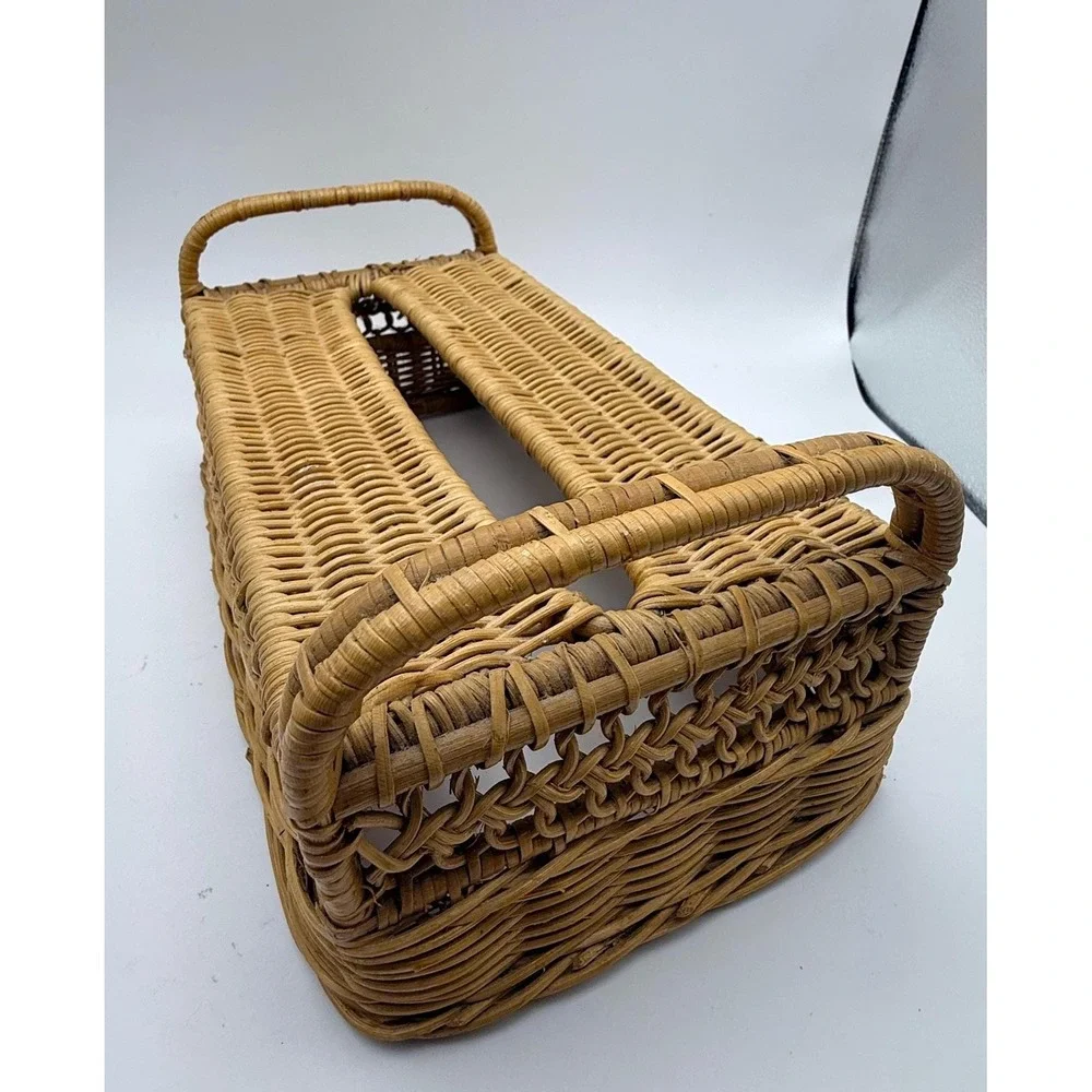 Vintage Rattan Vanity Set Mirror & Tissue Box Cover Coastal Boho Bathroom Decor